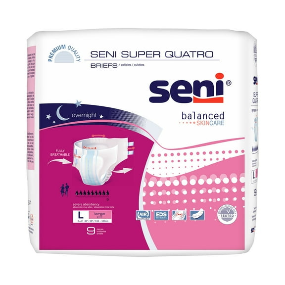 Seni Super Quatro Adult Brief, White, Overnight Incontinence Protection, 9 Count, 2 Packs, 18 Total