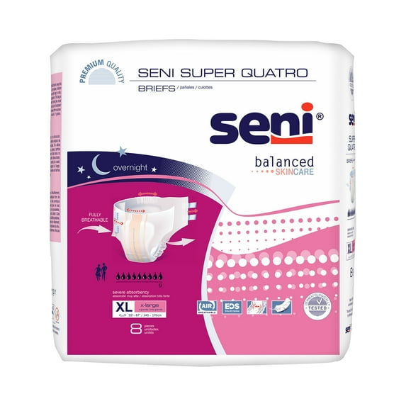 Seni Super Quatro Adult Incontinence Brief XL Heavy Absorbency Breathable / Overnight, S-XL08-BQ1, Severe, 32 Ct