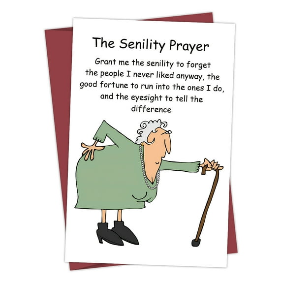 The Senility Prayer Card – Humorous Greeting Card for Aging with Character Illustration – Blank Inside, Envelope Included – Perfect for Birthdays or Encouragement