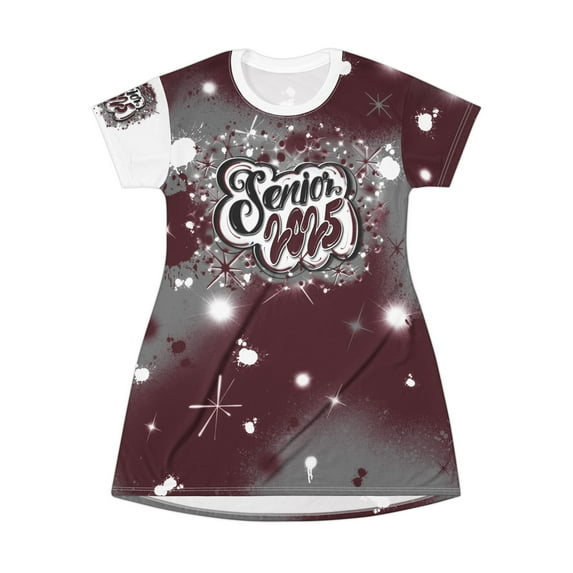 Senior 2025 Airbrush Apparel, Graduate, Maroon, Custom T-Shirt Dress (AOP)