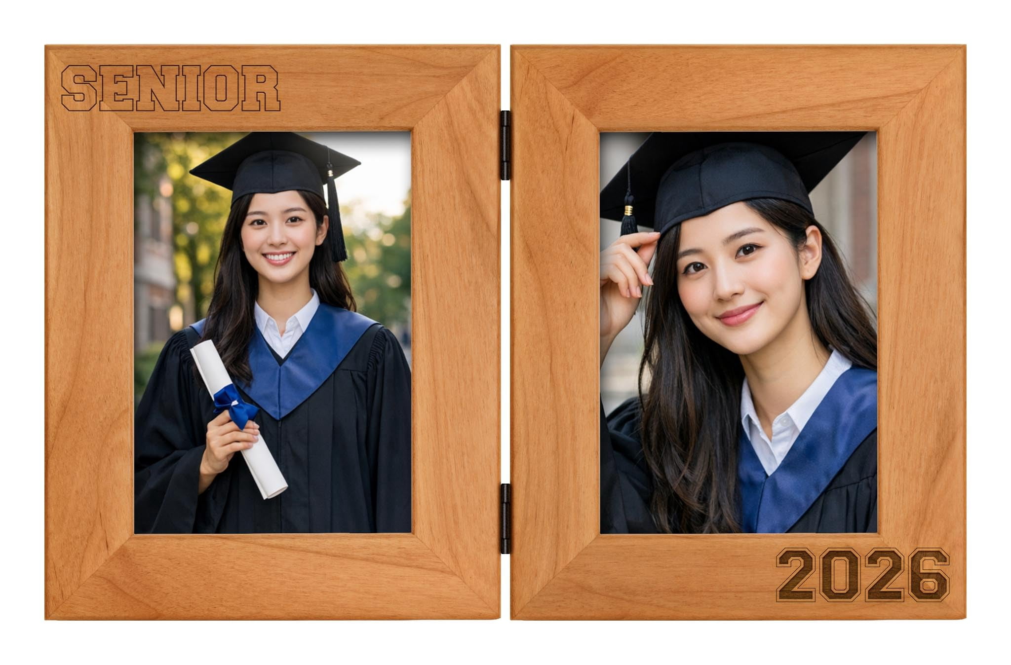 Senior - 2026 - Graduation Frame - Natural Wood Hinged 2 Side by Side ...