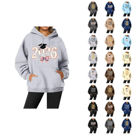 Senior 2026 Hoodies for Women Long Sleeve Graphic Graduation Hooded Sweatshirt with Pockets Pullover Tops