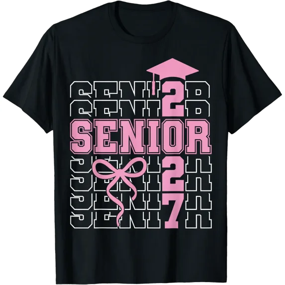 Senior 2027 Class Of 2027 Coquette Pink Bow Graduation 2027 T-Shirt Size S-5XL