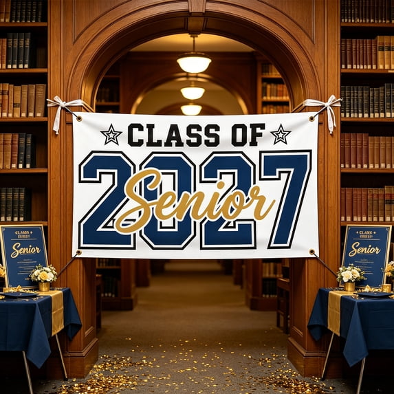 Senior 2027 Class of 2027 Graduation Backdrop Banner, White Blue Gold 2027 Senior Design, 47 x 71 in, 1 Count