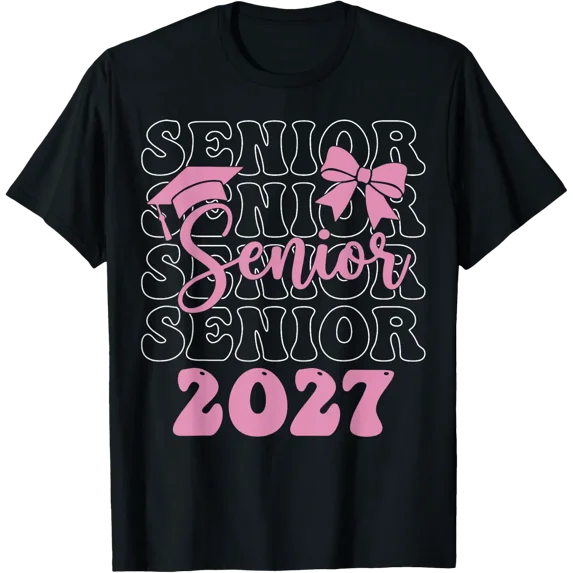 Senior 2027 Girls Class Of 2027 Graduation Pink Bow T-Shirt Size S-5XL