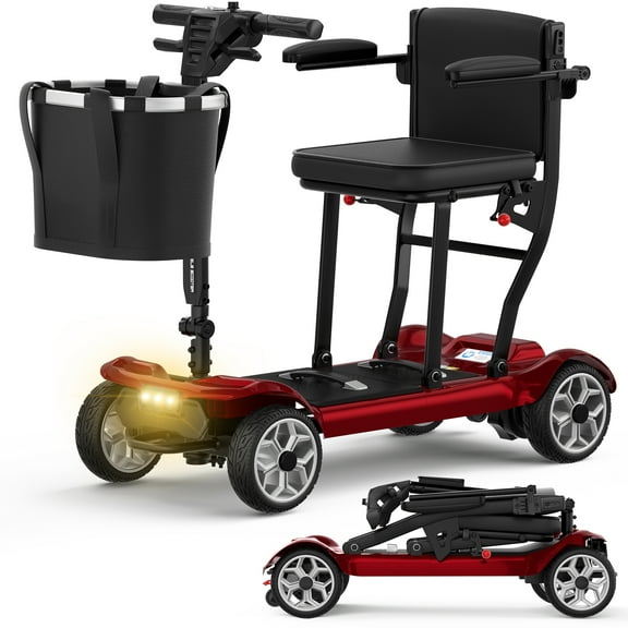 Senior And Adult Mobility Scooter, Features Nighttime Spotlight, Lightweight folding design, 15 Mile Range, Four Wheel Electric Drive, Red