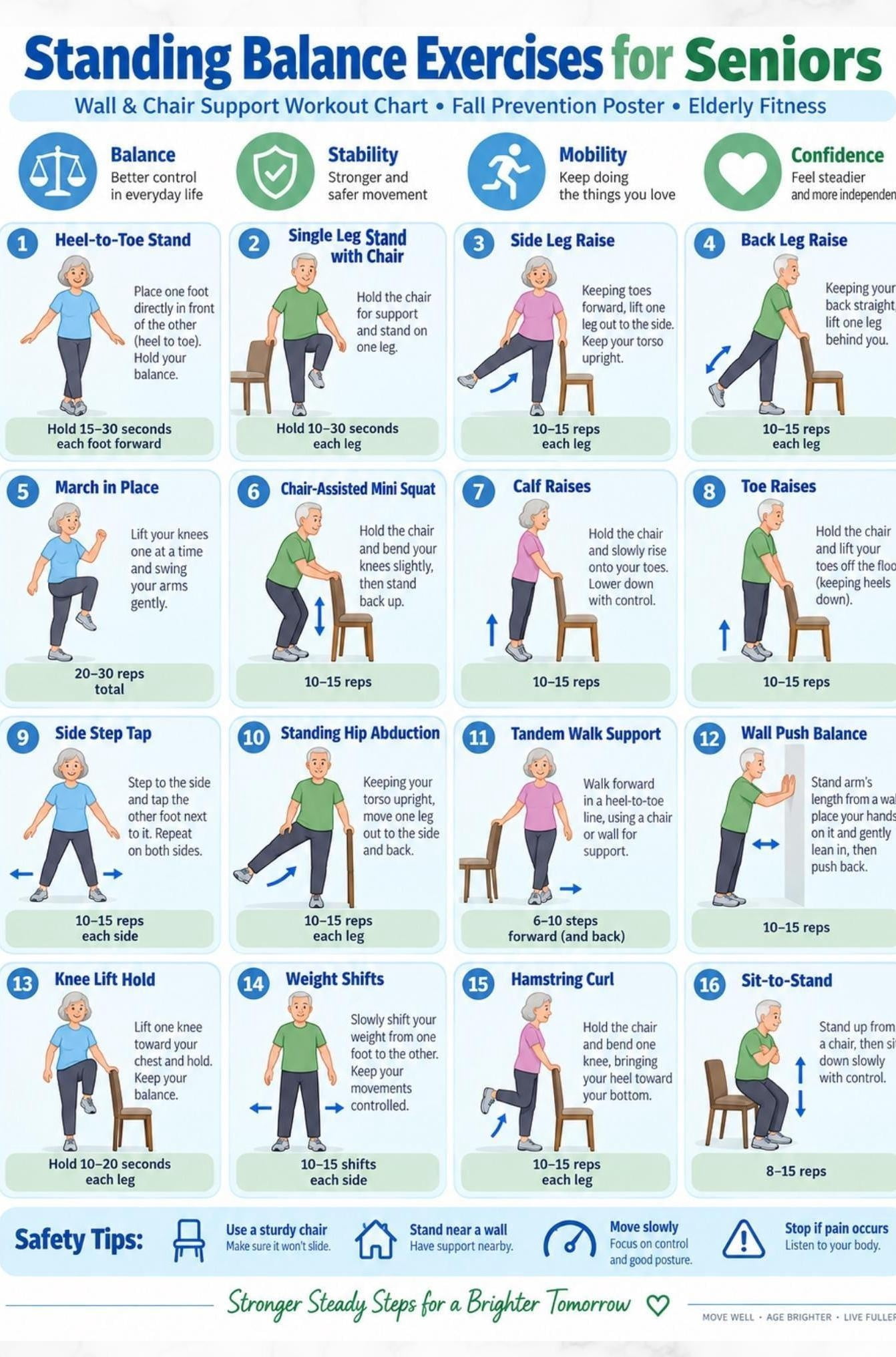 Senior Balance Exercise Poster Wall and Chair Guide poster, Helpful ...