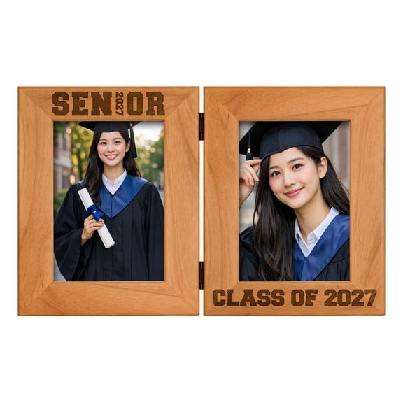 Senior - Class of 2027 - Graduation Frame - Natural Wood Hinged 2 Side by Side Portrait 5x7 Picture Frames