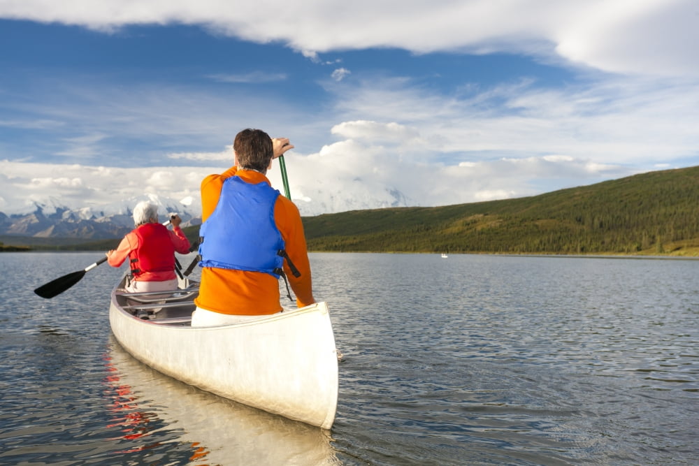 Senior Couple Canoeing In Wonder Lake Denali National Park And PreserveAlaska United States Of America Canvas Art - Michael DeYoung Design Pics (34 x 22)