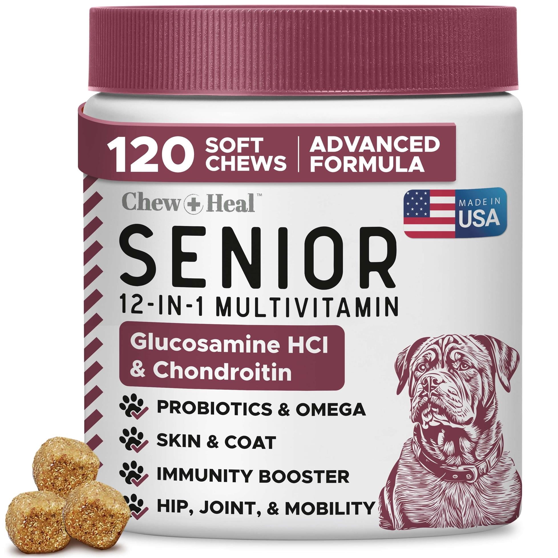 Chew + Heal Senior Dog 12-in-1 Multivitamin Soft Chews – Complete Daily Supplement for Joint, Skin, Digestive, and Immune Health – 120 Count