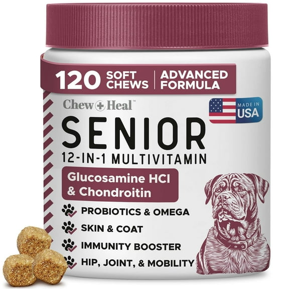 Chew + Heal Senior Dog 12-in-1 Multivitamin Soft Chews – Complete Daily Supplement for Joint, Skin, Digestive, and Immune Health – 120 Count