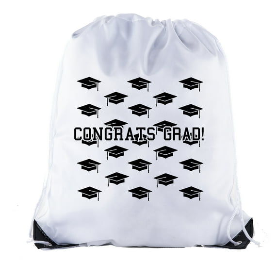 Senior Graduation Drawstring Backpacks Personalized Party Favor Cinch Bags - Grad Hat Grid