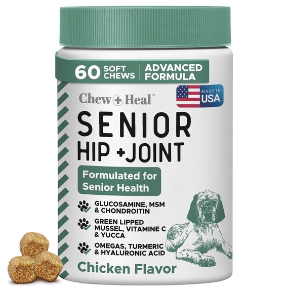 Chew + Heal Senior Dogs Mobility Soft Chews - 60 Ct. - Made with Glucosamine, MSM, Chondroitin, Green Lipped Mussels and More