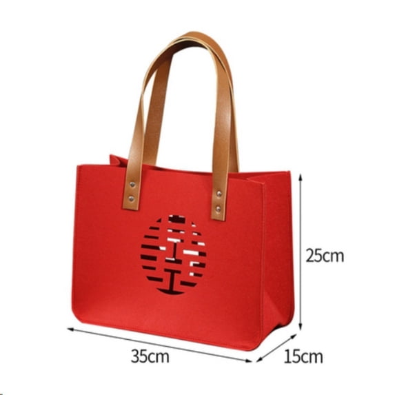 Senior Large Capacity Square Shape Spring Festival Blessing Bag PU Handle New Year Gift Bag Candy Lucky Bag Storage Bag Felt Gift Bag 35CM STYLE A (WITH BUCKLE)