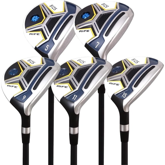 Senior Men's Rife 812s New Straight Face #5 + Offset #7 + #9 + #11 + #15 Fairway Metal Wood Clubs Right Handed Senior Flex with Men's Senior Size Black Pro Velvet Grips Fairway Wood Set + Head covers
