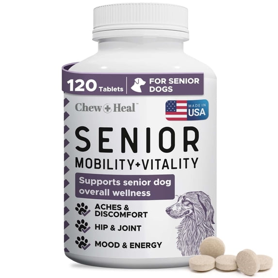 Chew + Heal Senior Mobility and Vitality Tablets, 120 Count - Made with Glucosamine, MSM, and Chondroitin