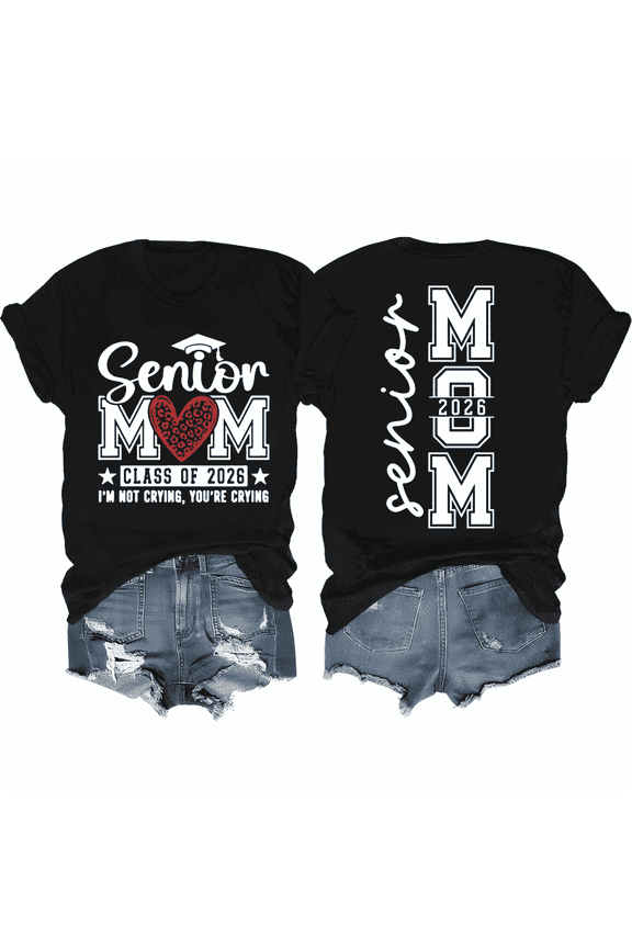 Senior Mom 2026 Graduation T-Shirt Proud Mother Class of 2026 Leopard Heart Graphic Tee Retro Graduation Party Apparel