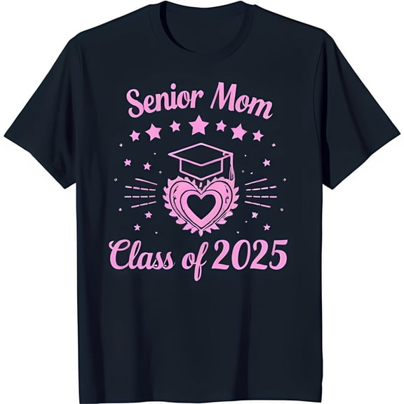 Senior Mom Blue T-Shirt with Pink 'Class of 2025' Stars & Graduation