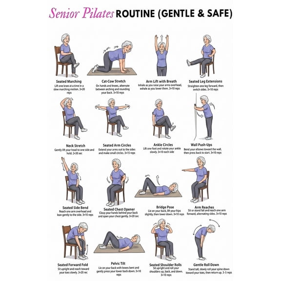 Senior Pilates Routine Poster - 12''x18'' Unframed Canvas - Gentle & Safe Seated Exercise Chart for Elderly, Physical Therapy & Limited Mobility