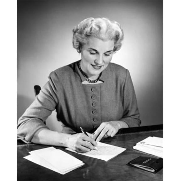 Senior Woman Sitting at Table & Writing Poster Print - 18 x 24 in.