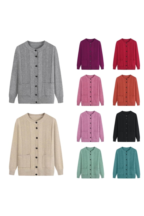 Senior Women's Long Sleeve Button Down Crew Neck Classic Sweater Knit Cardigan with Pockets Light Green XL