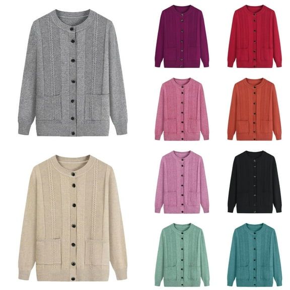 Senior Women's Long Sleeve Button Down Crew Neck Classic Sweater Knit Cardigan with Pockets Light Green XXL