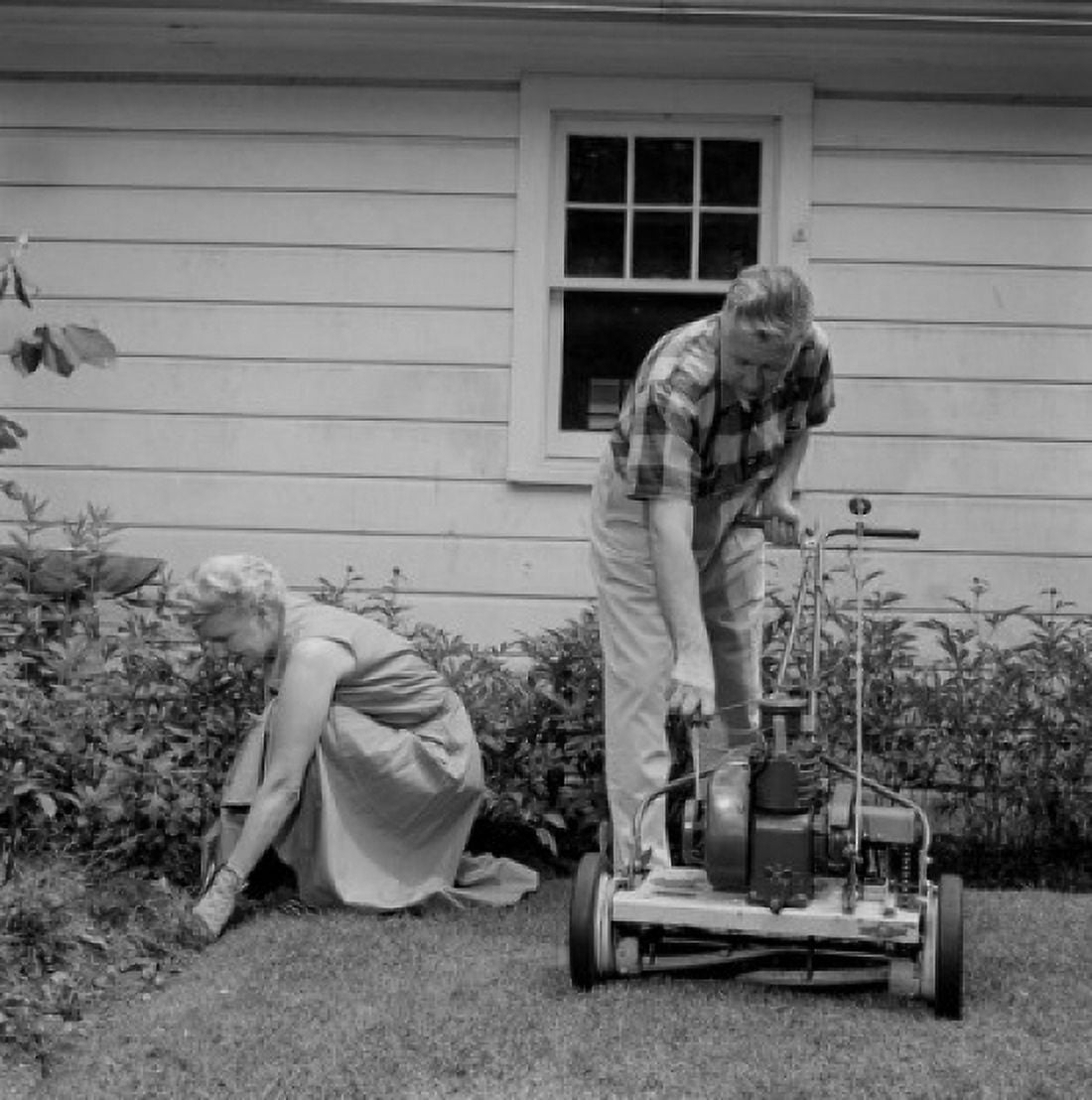 Senior couple mowing grass in backyard Canvas Art - (18 x 24)