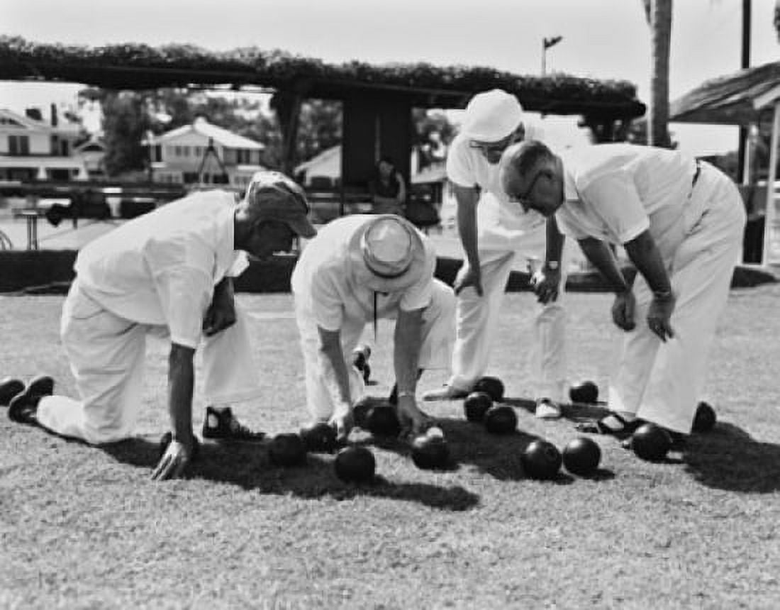 Senior men measuring the distance between bowling balls Canvas Art - (24 x 36)