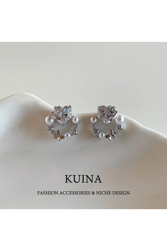 Senior sense of white stone love earrings sterling silver needle women's pearl earrings niche design light luxury pop silver earrings