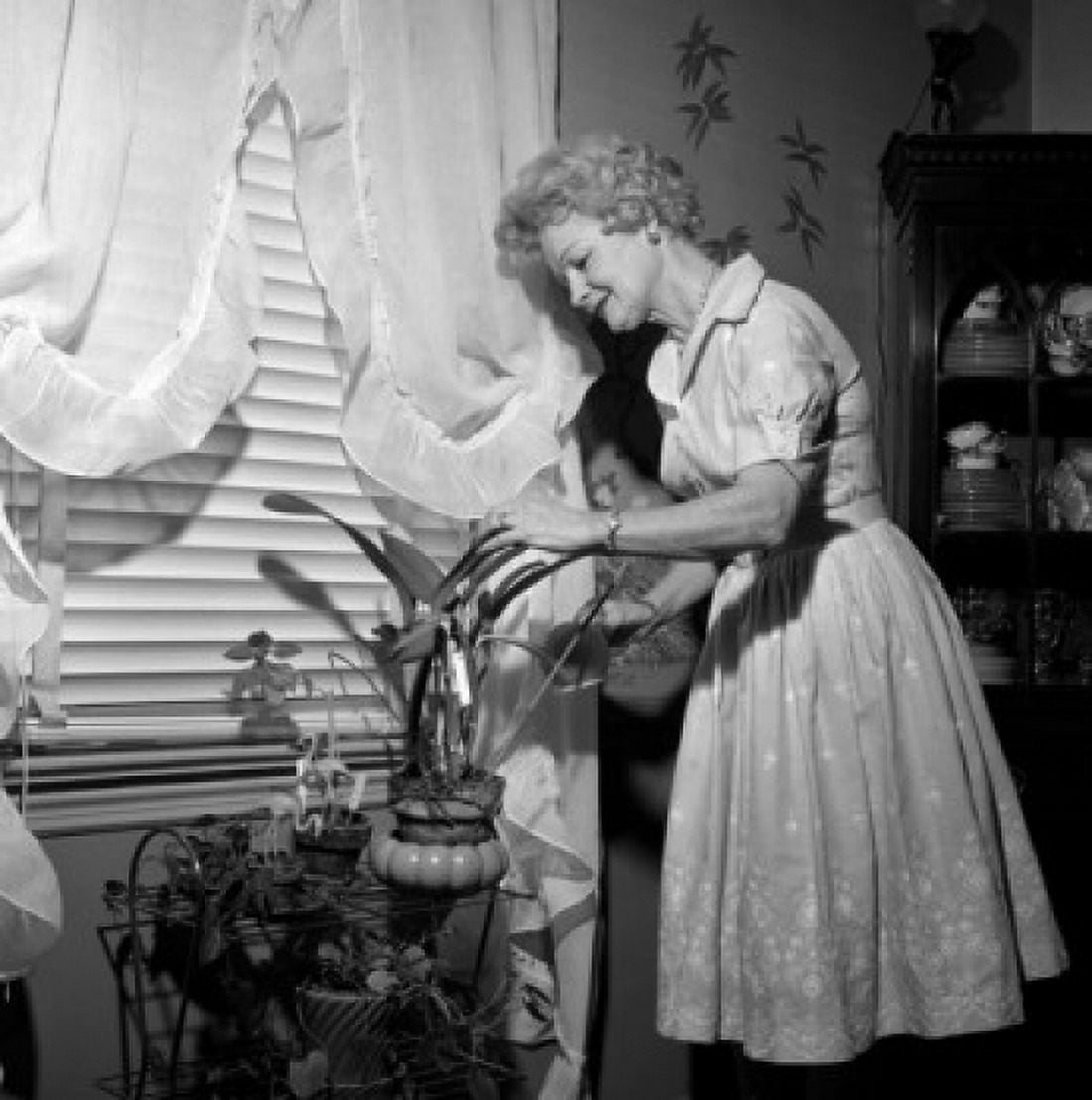 Senior woman watering potted flowers Canvas Art - (18 x 24)