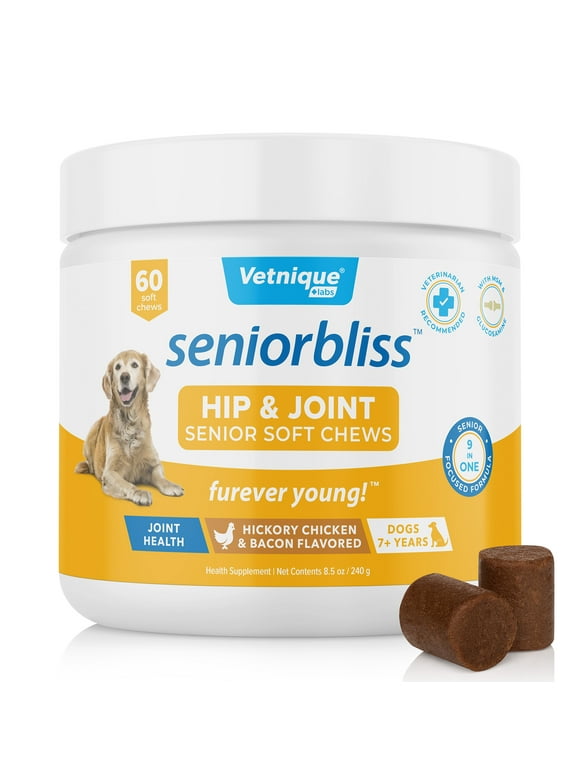 Seniorbliss Hip & Joint Dog Supplement for Senior Dogs by Vetnique Labs - Hickory Chicken Bacon Soft Chews 60ct