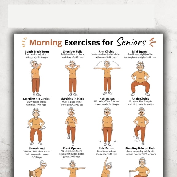Seniors Daily Morning Exercise Poster Low Impact Standing Workout Routine Chart Home Wall Art