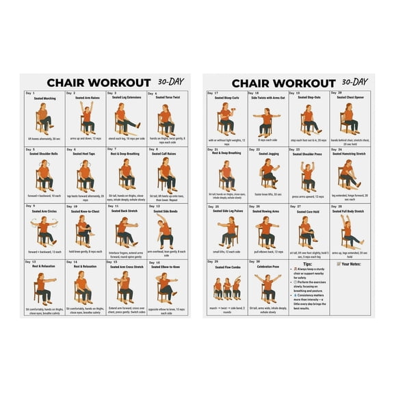 Seniors Fitness Guide Daily Partner Tai Chi Chair Workout Printable Wall Chart with 30-Day Seated Routine Easy Step-by-Step Exercises for Home and Rehab(A set of two)