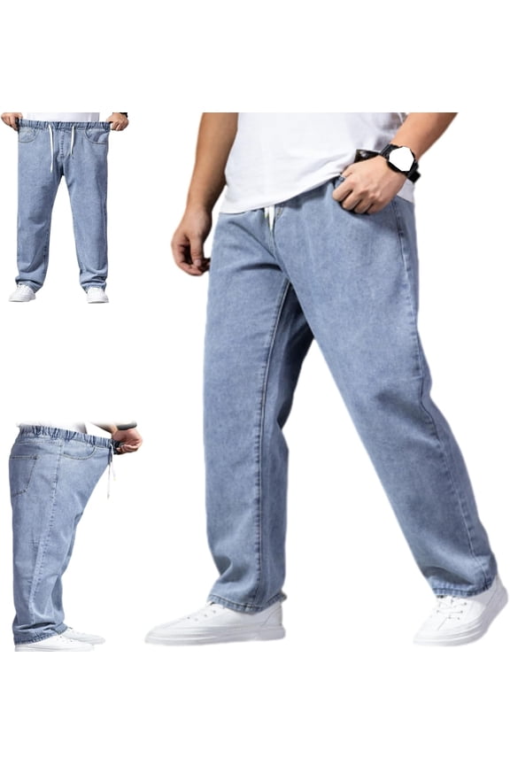 Seniors Mens Pull On Denim Jeans with Elastic Waist,Casual Solid Drawstring Baggy Straight Leg