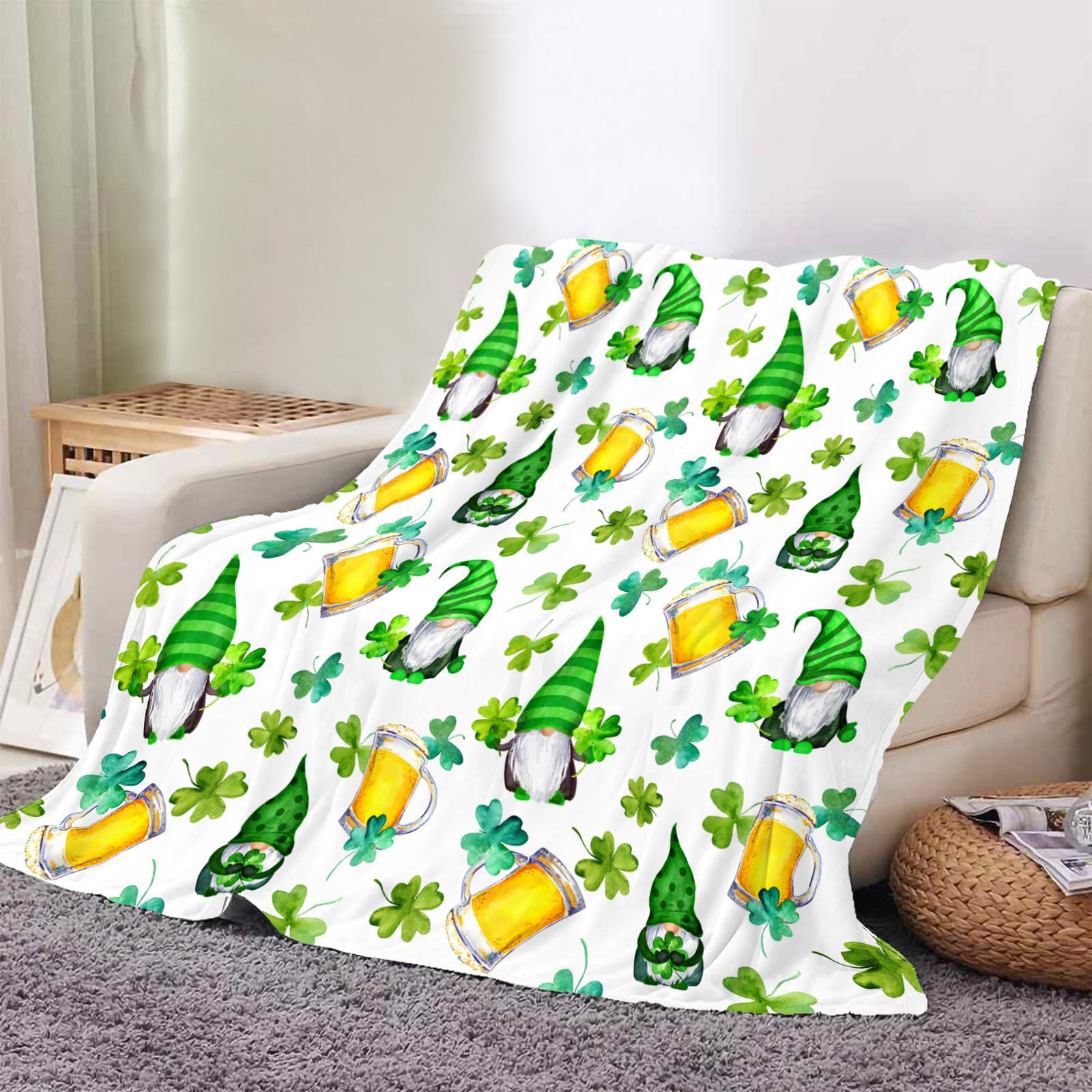 Seniver St Patricks Day St. Patrick s Day St Patricks Day Throw Blanket Clovers and Shamrocks Design Super Soft Flannel Fleece Blanket Green Gnome Leaf Saints Blanket Decorations for Bed Couch Living