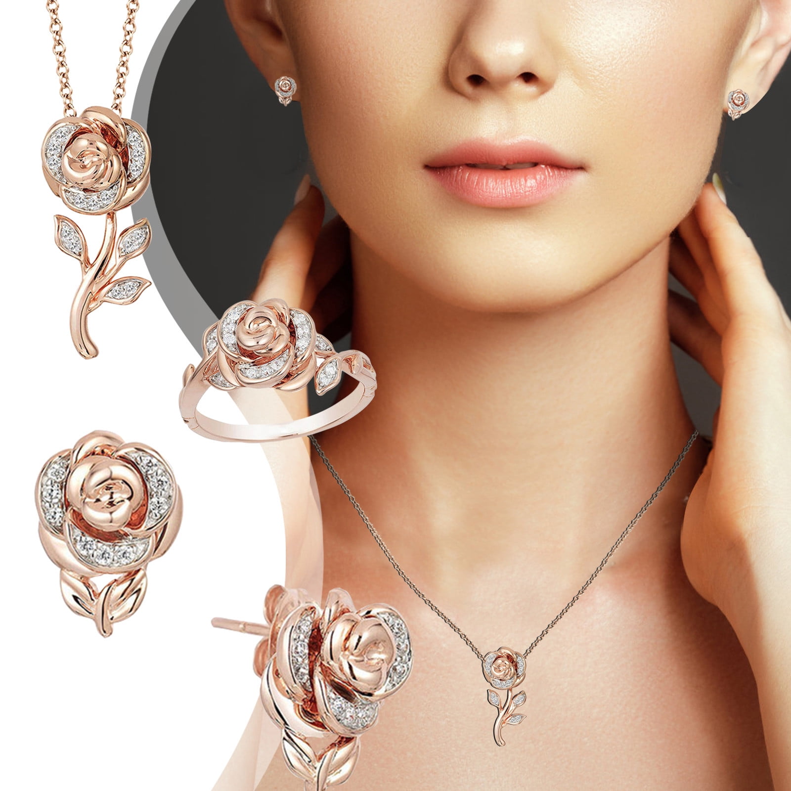Seniver Women Ring Fake Diamond Rings Ring Set for Women 1Set Fashion Rose Crystal Jewelry Sets Earring Pedant Necklace Ring for Women Rose Gold Wedding Anniversary Valentines Gift Walmart