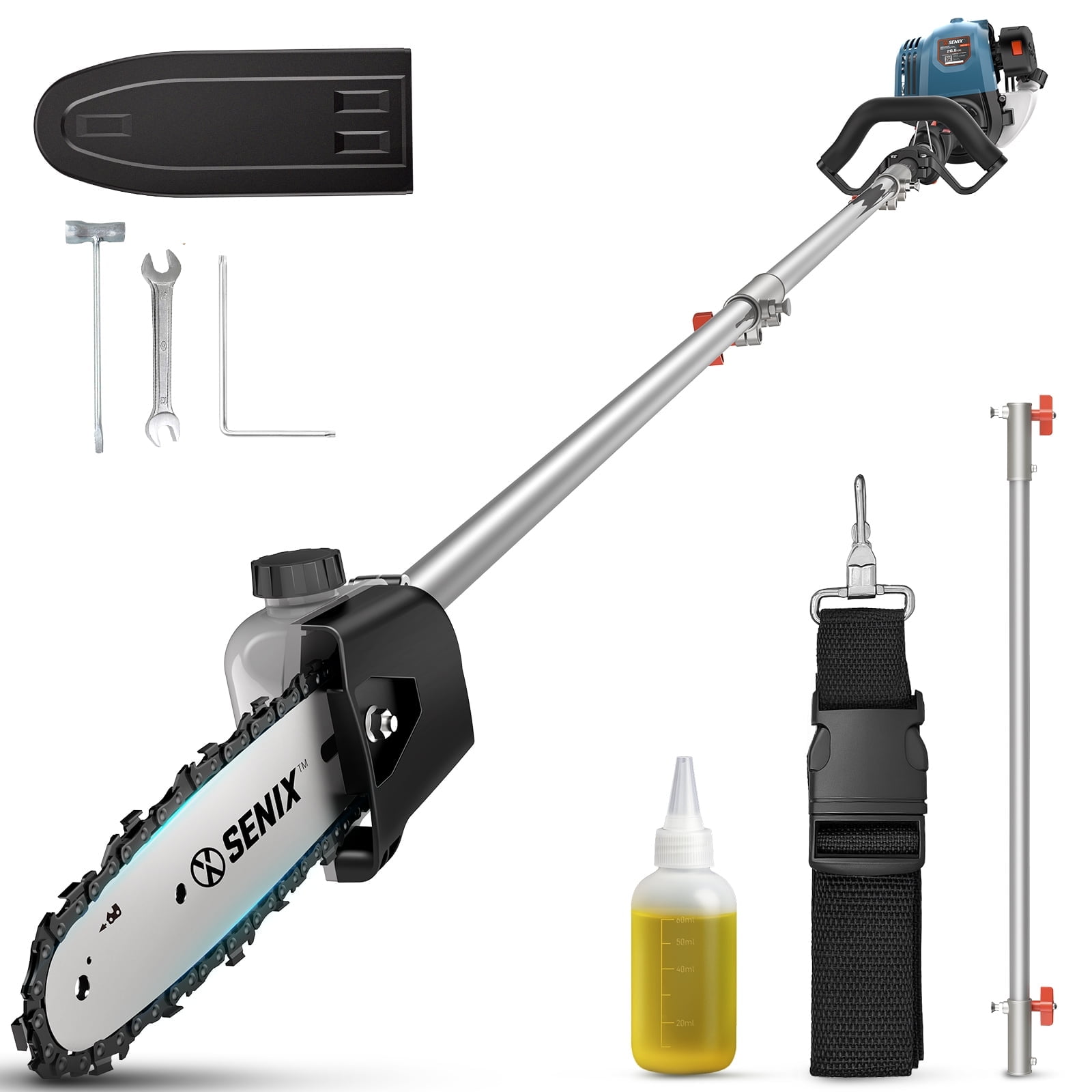 SENIX 26.5 cc 4 Cycle Gas Powered Extendable Pole Saw, 8-inch Bar and Chain, 15-feet Max Reach, Harness Included, CSP4QL-L