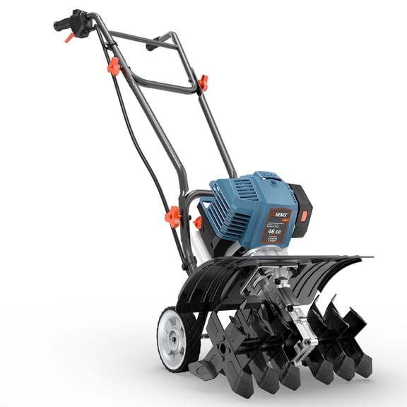SENIX Gas Tiller Cultivator, 4-Cycle 46cc Full Crank Engine, 15" Tilling Width 8" Tilling Depth, Easy Start Foldable Handles for Garden Tilling Storage