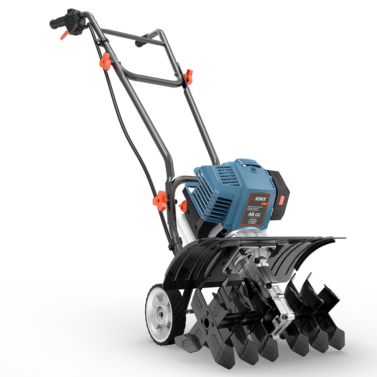 SENIX Gas Tiller Cultivator, 4-Cycle 46cc Full Crank Engine, 15" Tilling Width 8" Tilling Depth, Easy Start Foldable Handles for Garden Tilling  Storage