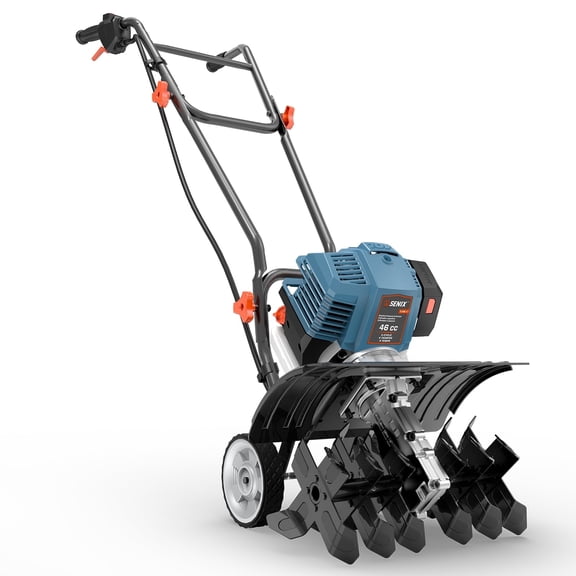 SENIX Gas Tiller Cultivator, 4-Cycle 46cc Full Crank Engine, 15" Tilling Width 8" Tilling Depth, Easy Start Foldable Handles for Garden Tilling Storage