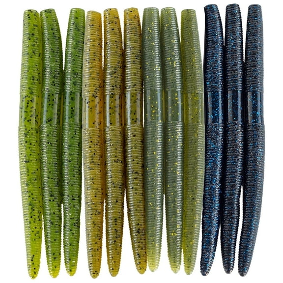 Senko Bait Soft Plastic Lures 5" Senkos 24 Pcs for Wacky Rig Freshwater Fishing Green Pumpkin Watermelon Green Babybass Black Senko with Black Flake & Blue Flake, 4 Colors Mixed