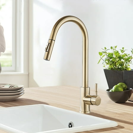 Senlesen Brushed Gold Kitchen Faucet Pull Out Sprayer Sink Mixer Tap