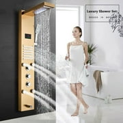 Senlesen Brushed Gold Shower Panel Tower LED Rain&Waterfall Massage System Body Jet