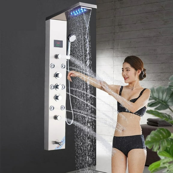 Senlesen Brushed Nickel Shower Panel LED Rain & Waterfall Massage System Body Jet