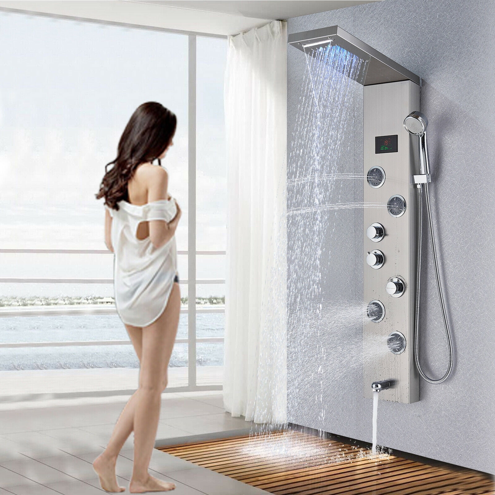 Senlesen Brushed Nickel Shower Panel Tower LED Rain Waterfall Massage System Body Tub Tap