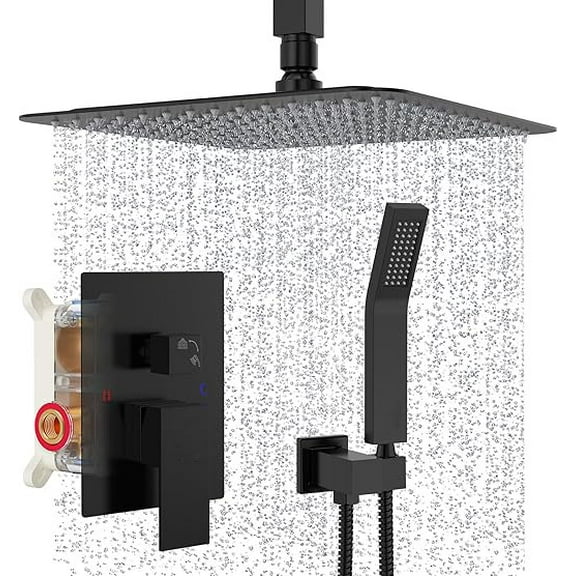 Senlesen Ceiling Mounted Shower Faucet Set Black 8" Rainfall Head With Mixer Valve Kit System 2 Ways Shower Faucet