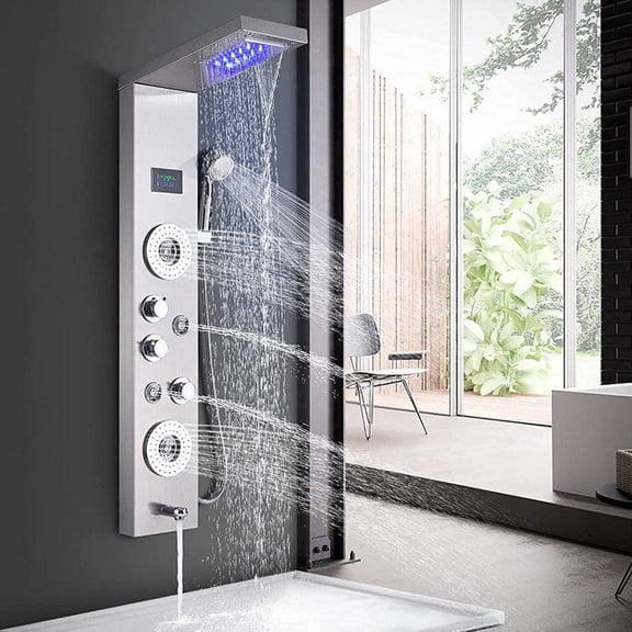 Senlesen LED Shower Panel Stainless Steel Rainfall Tower W/Handheld Spray