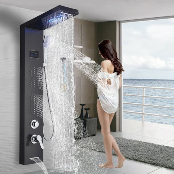Senlesen LED Shower Panel Tower Massage Body Jets System Rain&Waterfall Stainless Steel