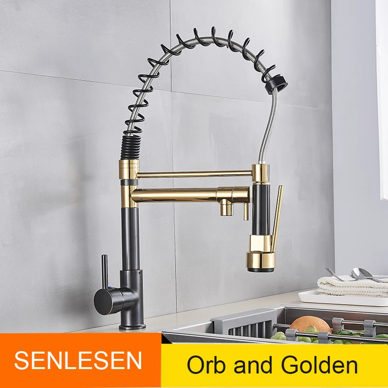 Senlesen Spring Kitchen Faucets Pull Down Kitchen Sink Faucet Brass