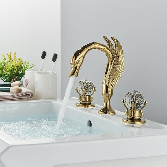 Senlesen Swan Ceramic Gold Widespread Basin Faucet